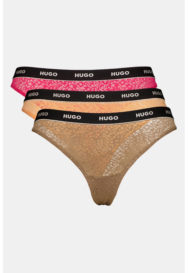 Set de chiloti tanga din dantela cu banda logo in talie - 3 perechi - Portocaliu/Maro taupe/Roz