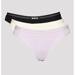 Set de chiloti tanga din amestec de bumbac - 3 perechi - Alb fildes/Negru/Lila