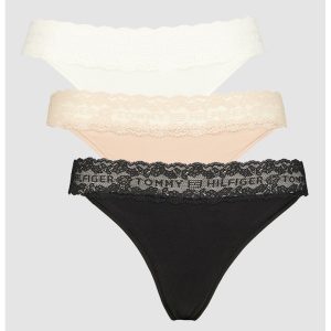Set de chiloti tanga din dantela - 3 perechi - Alb fildes/Negru/Bej inchis
