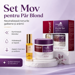 Set Cadou Premium Karseell Mov – Masca Mov pentru Par Blond & Gri cu Ulei de Argan 500 ml + 50 ml – Neutralizare Tonuri Caprui