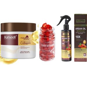 Set Hidratare Avansată & Strălucire Karseell – Mască cu Colagen 500ml + Ulei Hidratant 40 Capsule + Spray Profesional cu Ulei de Argan 250ml