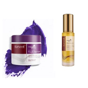 Set Premium Karseell Mov – Masca Mov pentru Par Blond & Gri cu Ulei de Argan 500 ml + 50 ml – Neutralizare Tonuri Caprui