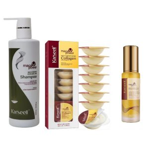 Set Anti-Cădere și Regenerare Intensă Karseell – Șampon Fortifiant 500ml + 8 Fiole cu Colagen și Maca + Ulei cu Argan Marocan 50ml