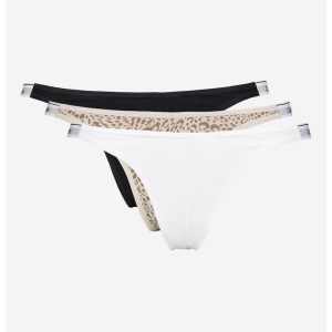 Set de chiloti tanga cu logo - 3 perechi - Alb/Negru/Maro nisip
