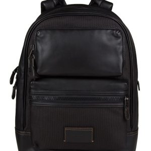 Rucsac din piele naturala cu insertii texturate de panza - gri antracit - 28x11x39 cm