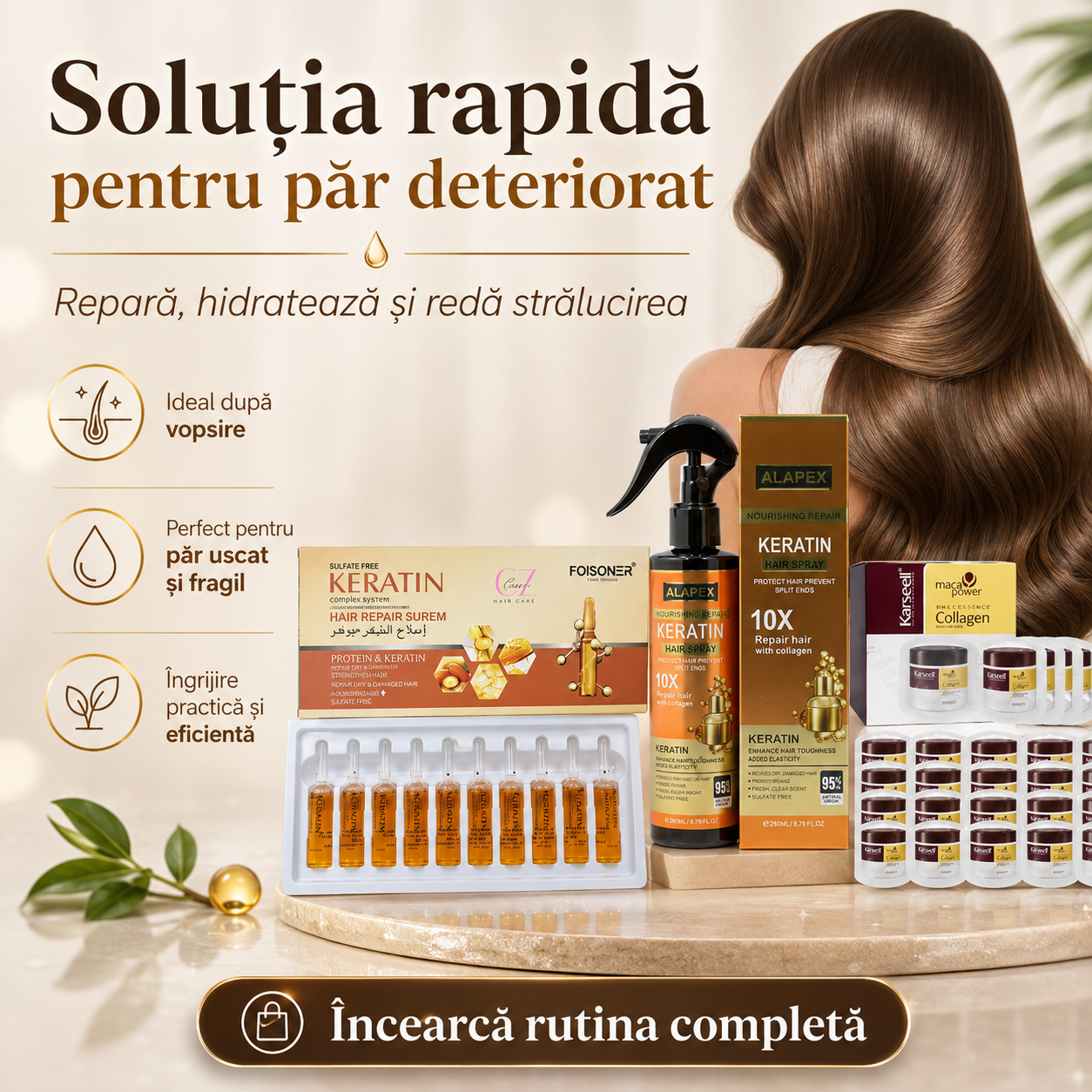 Argan și Colagen + 24 Măști Monodoze | Tratament Intensiv pentru Păr Deteriorat