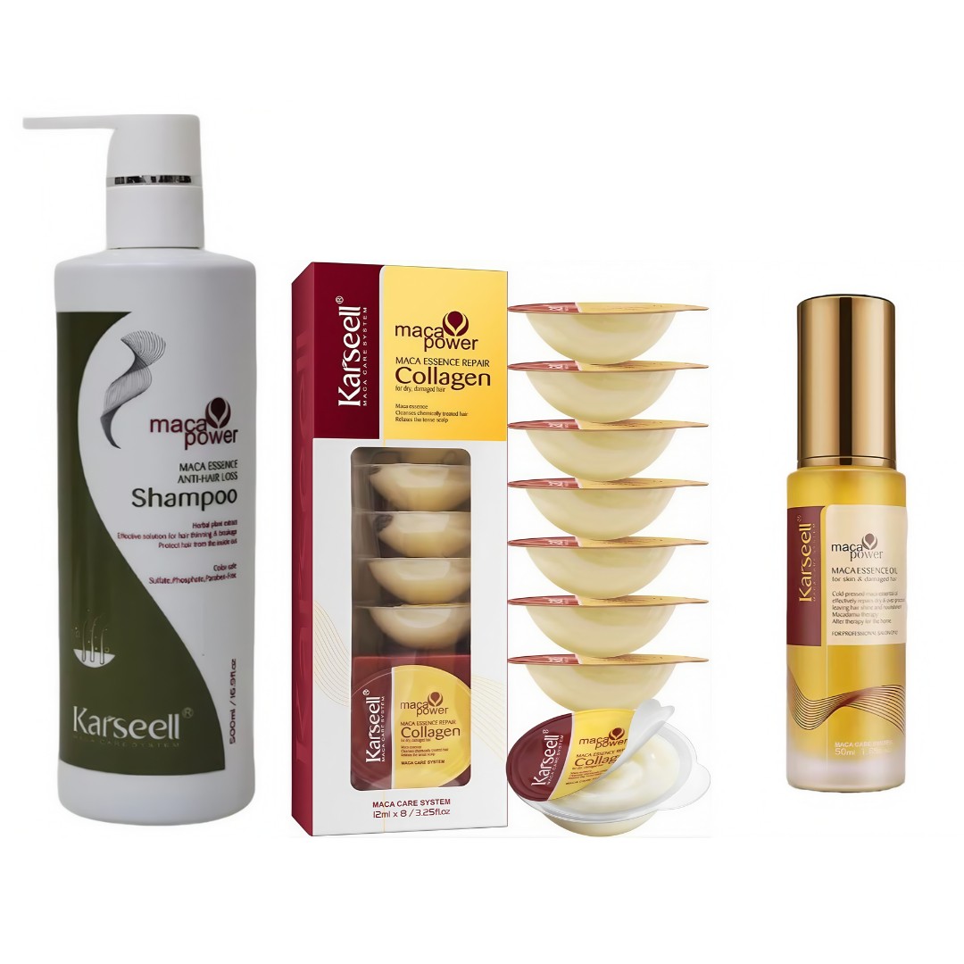 Set Anti-Cădere și Regenerare Intensă Karseell – Șampon Fortifiant 500ml + 8 Fiole cu Colagen și Maca + Ulei cu Argan Marocan 50ml